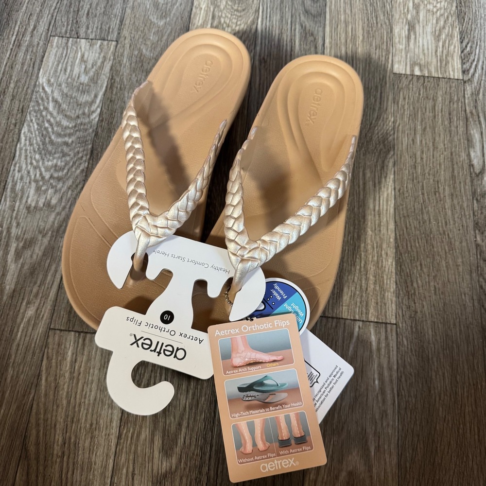 Aetrex Vicki Orthotic Flip Flops Womens 10 Champagne Gloss Braided Sandals NEW